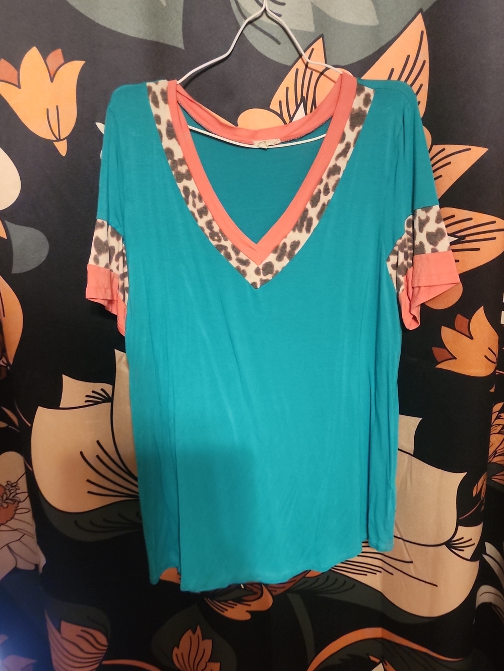 Lovely Melody Teal V-Neck Top with Coral Trim and Leopard Panels